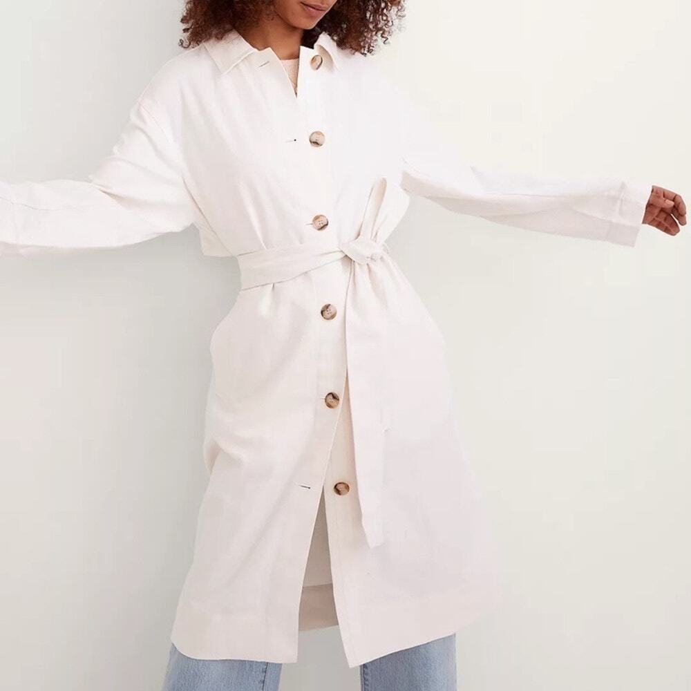 Madewell Linen Cotton Trench Over Coat Jacket Size Small Tie Waist Preppy NE394